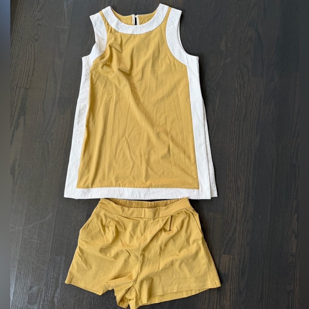Two-Piece Mustard Yellow and White Tank Top + Shorts Set